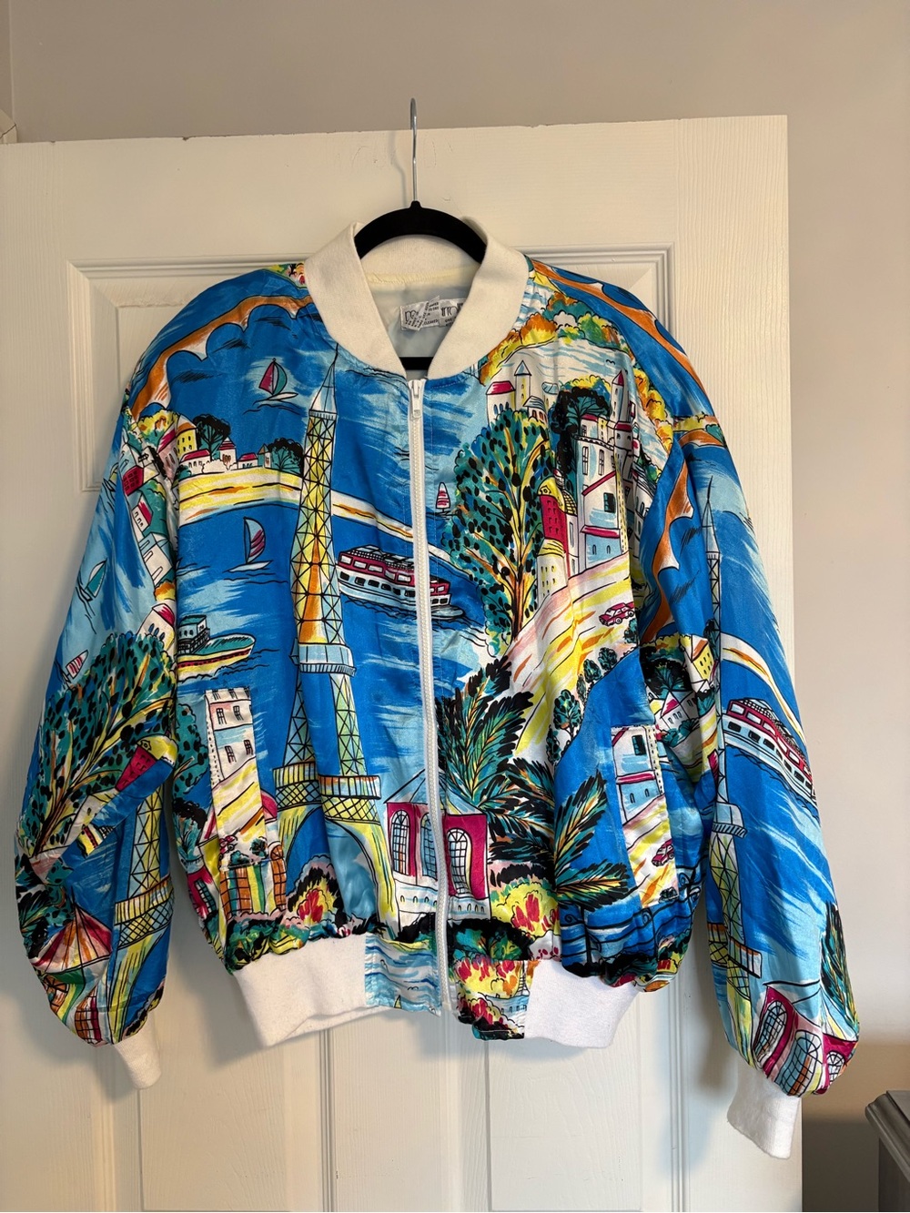 Bright Blue Paris Scenic Print Bomber Jacket